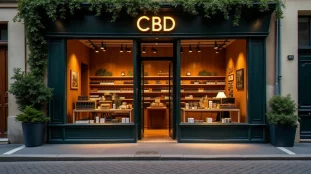 Boutique spécialisée CBD à Bordeaux avec des flacons d'huile de cannabidiol exposés en vitrine dans un quartier historique de la ville
