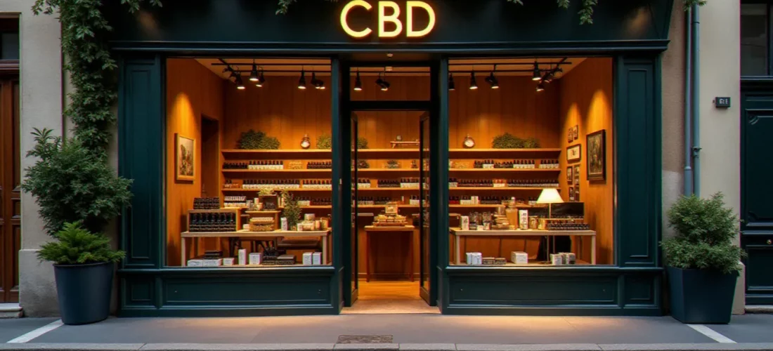 Boutique spécialisée CBD à Bordeaux avec des flacons d'huile de cannabidiol exposés en vitrine dans un quartier historique de la ville
