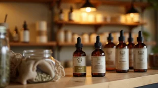 Intérieur d'une boutique CBD à Bordeaux avec des huiles et fleurs de chanvre exposées sur des étagères en bois sous un éclairage chaleureux