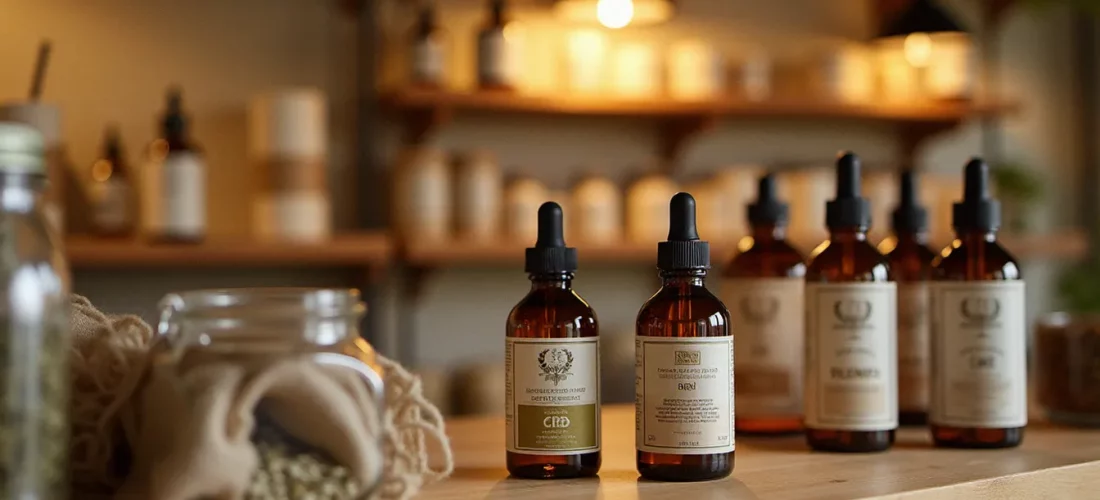 Intérieur d'une boutique CBD à Bordeaux avec des huiles et fleurs de chanvre exposées sur des étagères en bois sous un éclairage chaleureux
