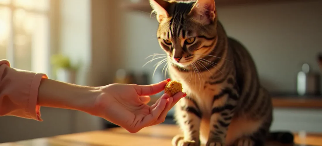 Un chat roux reniflant une friandise CBD cat treat tenue par une main, dans une cuisine lumineuse en bois naturel