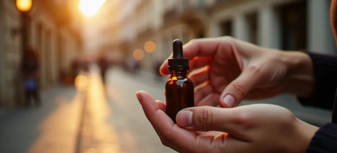 Flacon d'huile CBD tenu dans les mains d'une personne dans une rue française, illustrant la recherche de cbd cerca de mí en contexte urbain