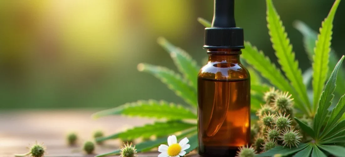 Flacon d'huile de CBD posé sur une surface en bois entouré de feuilles de chanvre séchées, illustrant ce qu'est le CBD