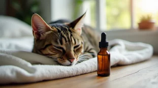 Un chat tigré adulte au repos à côté d'un flacon compte-gouttes d'huile de CBD sur une surface en bois, illustration du CBD pour chat