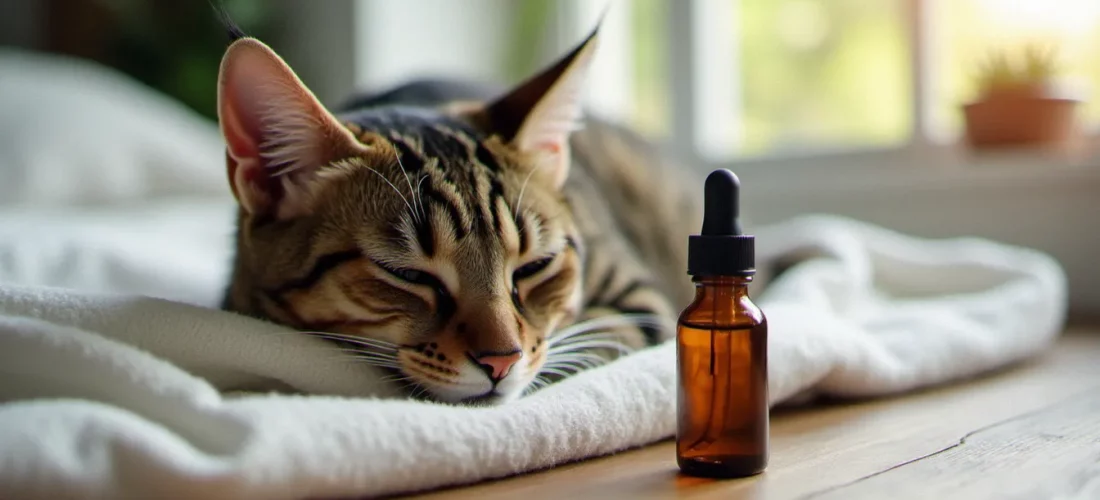 Un chat tigré adulte au repos à côté d'un flacon compte-gouttes d'huile de CBD sur une surface en bois, illustration du CBD pour chat