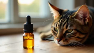 Un chat tigré allongé au calme à côté d'un flacon de CBD en verre ambré, illustrant l'usage du CBD pour chat
