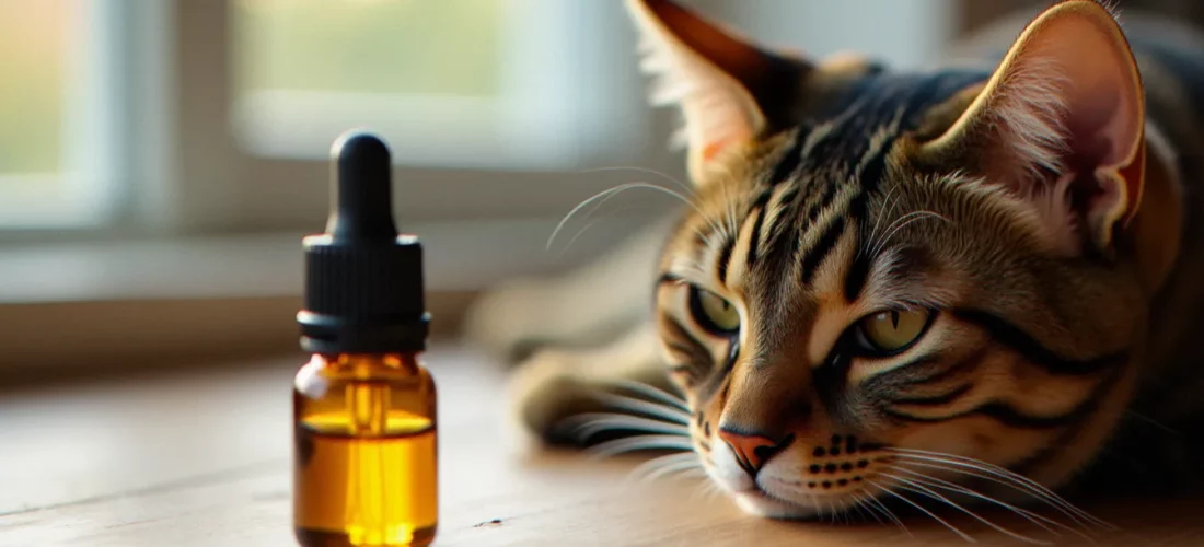 Un chat tigré allongé au calme à côté d'un flacon de CBD en verre ambré, illustrant l'usage du CBD pour chat