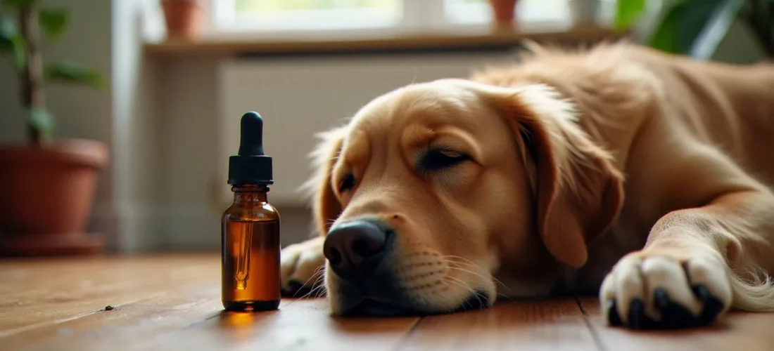 Un golden retriever allongé calmement sur un parquet, à côté d'un flacon d'huile de CBD pour chien avec compte-gouttes, illustrant l'usage du CBD chien