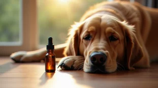 Chien golden retriever allongé au sol à côté d'un flacon d'huile CBD, illustrant l'utilisation du cbd chiens au quotidien