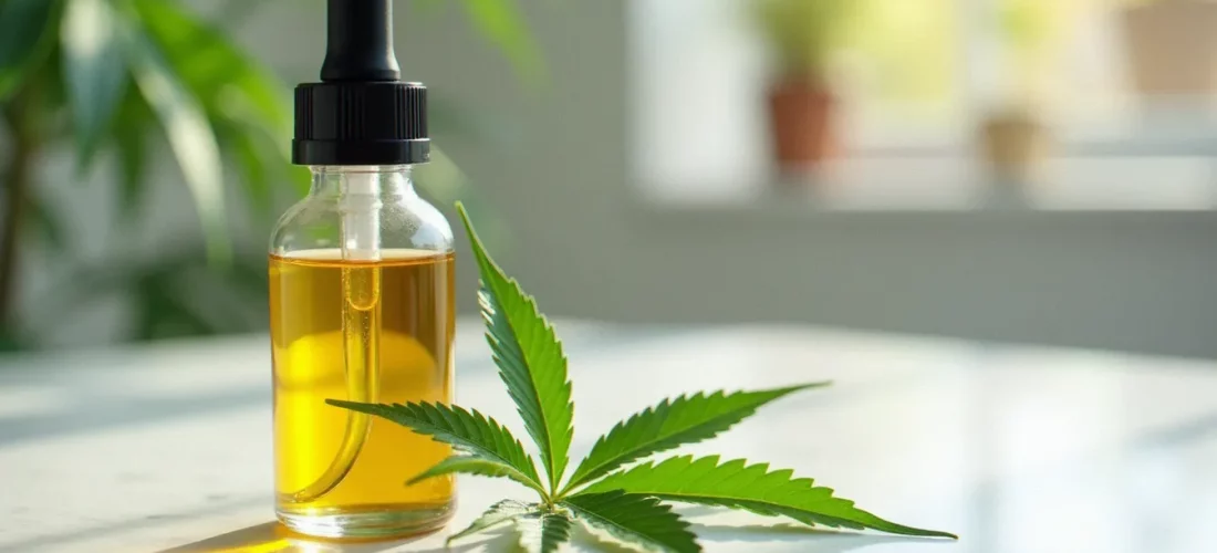 Flacon d'huile CBD discount posé sur marbre blanc avec feuille de chanvre, éclairage naturel doux