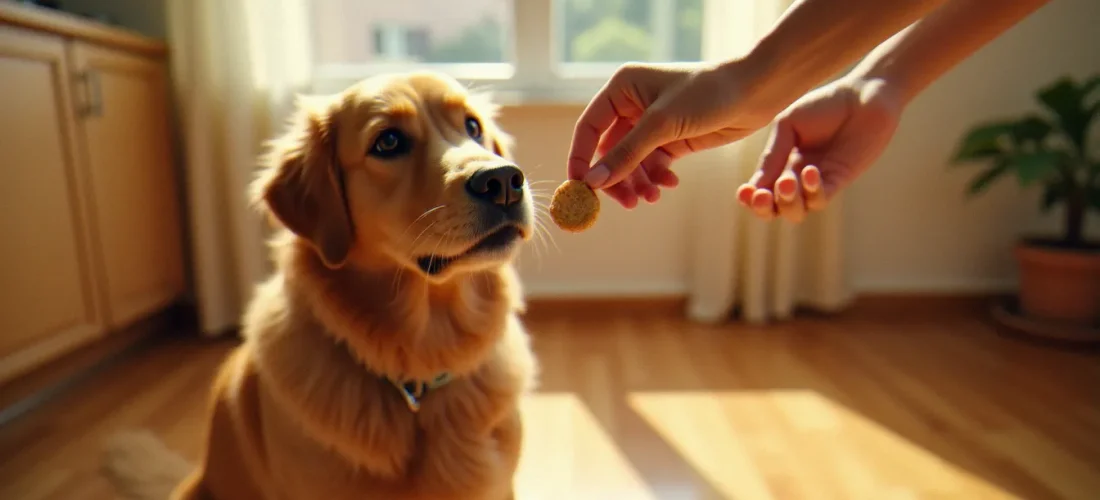 Un golden retriever assis sur un parquet en bois regardant attentivement une CBD dog treat tenue entre deux doigts, lumière naturelle douce en arrière-plan