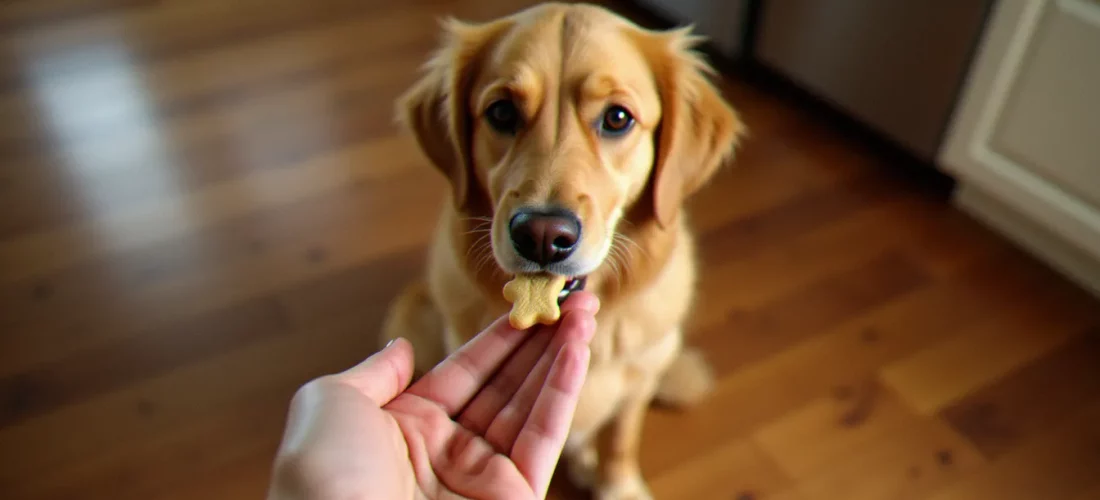 Chien golden retriever recevant une friandise CBD de la main de sa propriétaire, illustrant les cbd dog treats near me