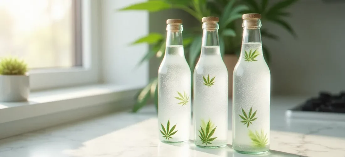 Trois bouteilles de boissons CBD pétillantes posées sur un comptoir en marbre blanc, illustrant les cbd drinks near me disponibles en boutique