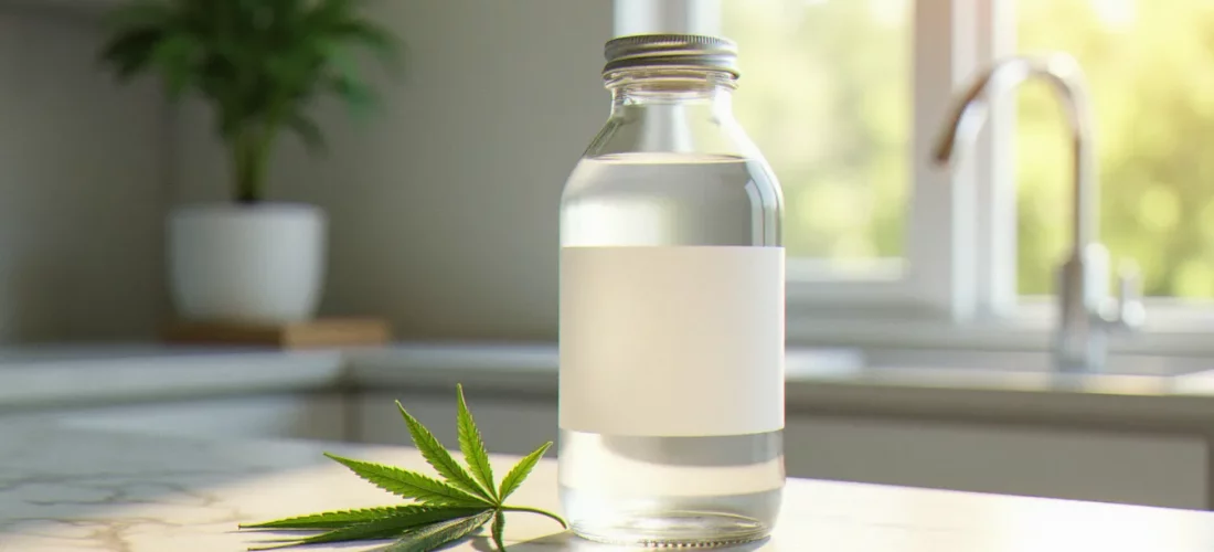 Bouteille d'eau enrichie en CBD posée sur un plan de travail en marbre avec des feuilles de chanvre, illustrant le concept de CBD eau