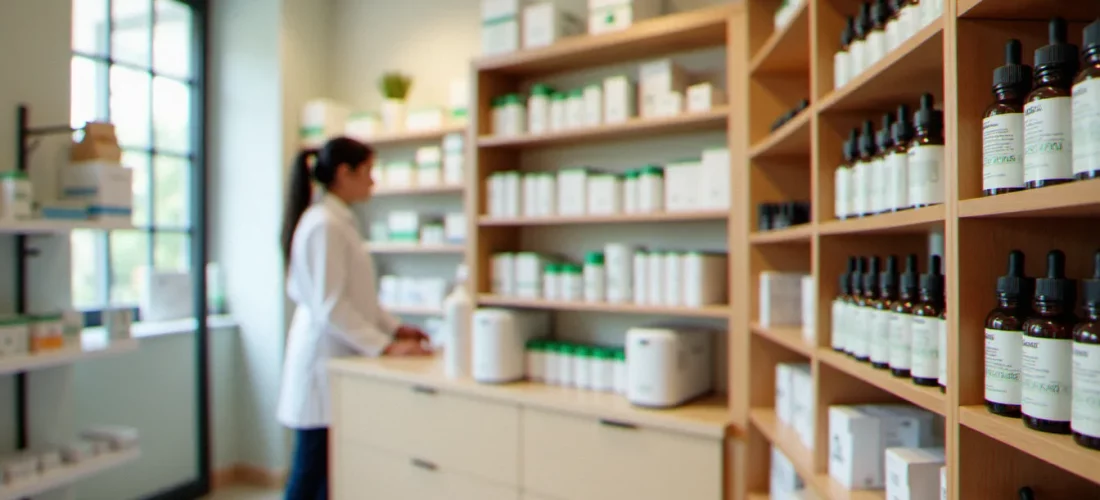 Intérieur d'une pharmacie française avec des produits CBD en rayon, incluant des flacons d'huile de CBD et un pharmacien en blouse blanche