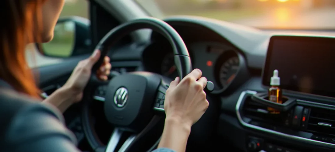 Mains sur un volant de voiture avec un flacon d'huile CBD visible en arrière-plan, illustrant la question du CBD et de la conduite