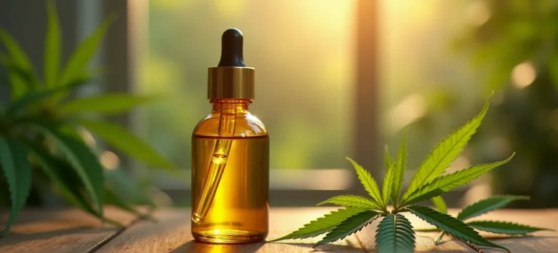 Flacon compte-gouttes d'huile de CBD dorée posé près de feuilles de cannabis sativa, illustrant la réponse à la question cbd 是 什麼 sur la nature du cannabidiol