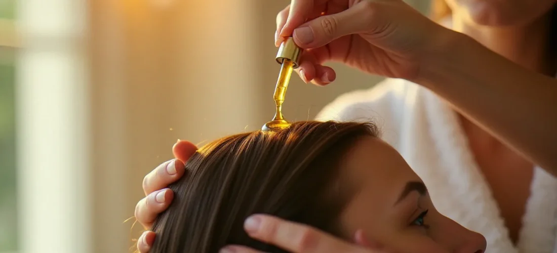 Application d'huile de CBD sur le cuir chevelu pour favoriser la croissance capillaire et stimuler les follicules pileux, geste de massage doux sur cheveux bruns