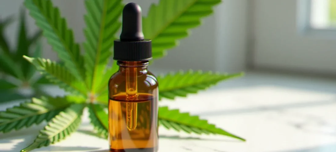 Flacon compte-gouttes d'huile de CBD doré sur surface en marbre blanc avec feuilles de chanvre fraîches, illustrant un produit cbd fr de qualité