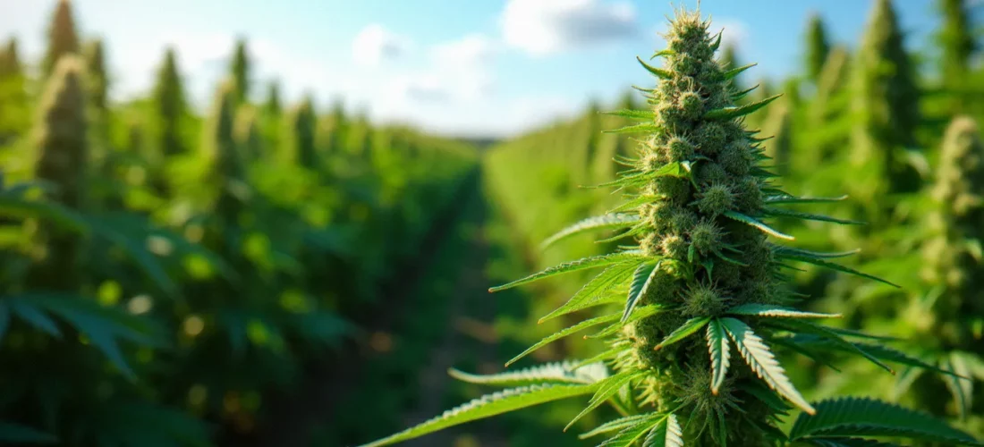 Rangées de plants de chanvre CBD en fleurs dans un cbd garden extérieur sous lumière matinale, avec gros plan sur les inflorescences riches en trichomes