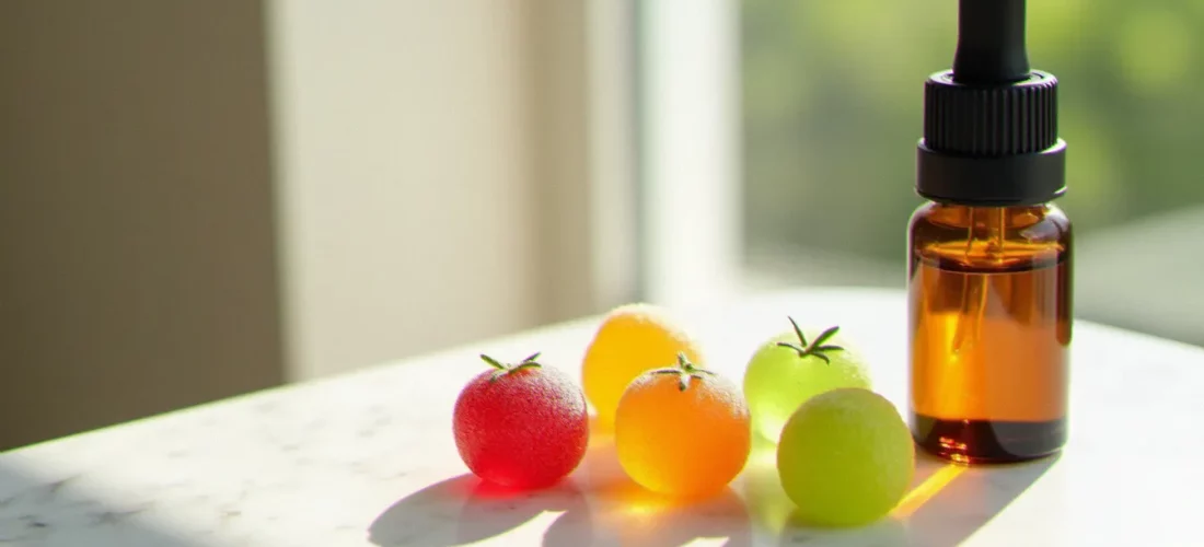 CBD gummies colorés en forme de fruits posés sur un plan de travail en marbre blanc, à côté d'un flacon compte-gouttes ambré contenant de l'huile de CBD