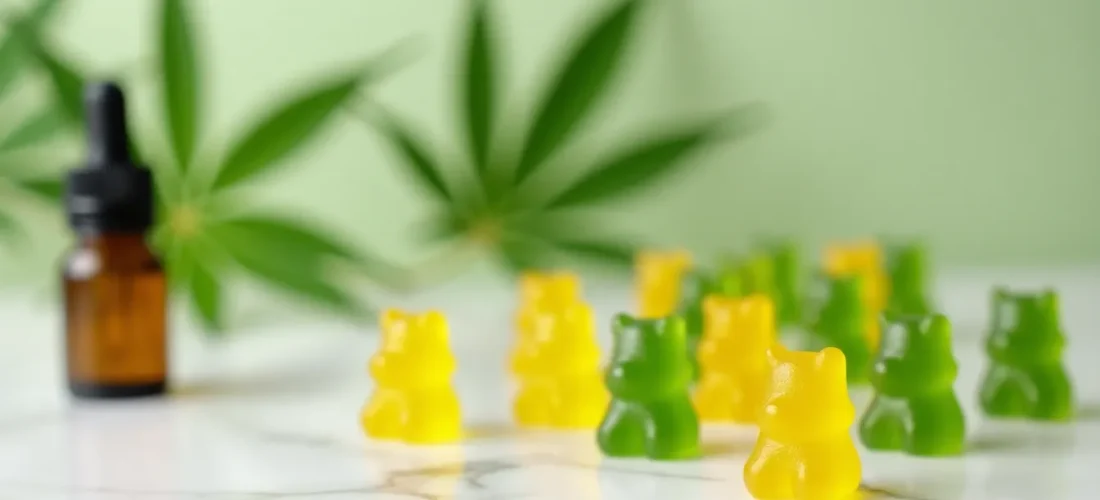 Gummies au CBD en forme d'oursons colorés sur marbre blanc à côté d'un flacon compte-gouttes, illustrant les cbd gummies for pain relief disponibles sur le marché français
