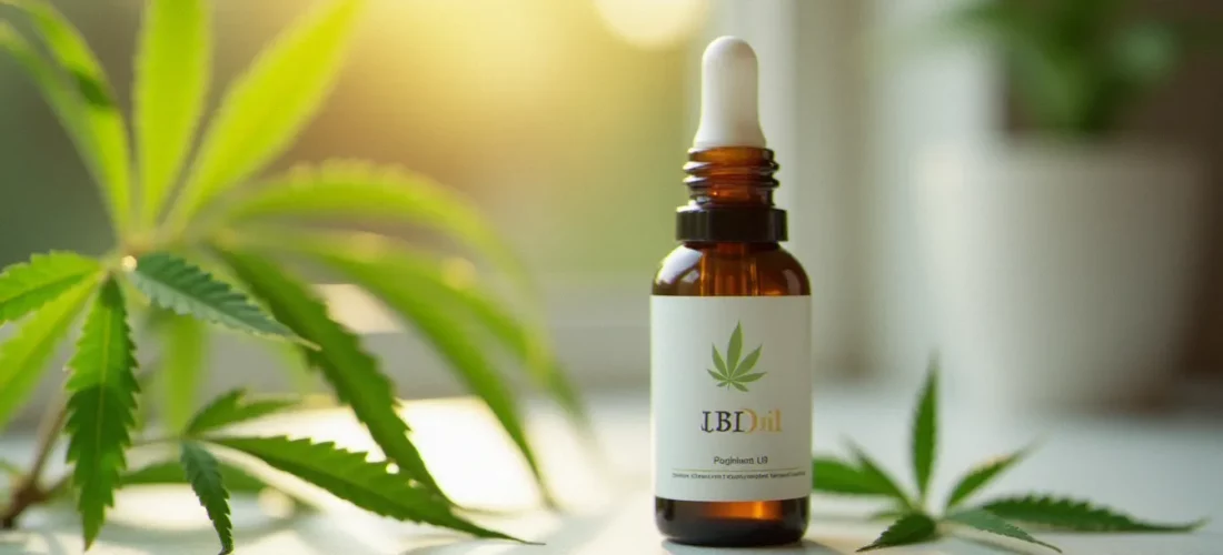 Flacon d'huile CBD Hollyweed full spectrum posé sur une surface en marbre avec des feuilles de chanvre fraîches, illustrant la qualité des produits cbd hollyweed