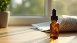 Flacon d'huile de CBD posé sur une table en bois clair, évoquant le débat sur le CBD interdit en France