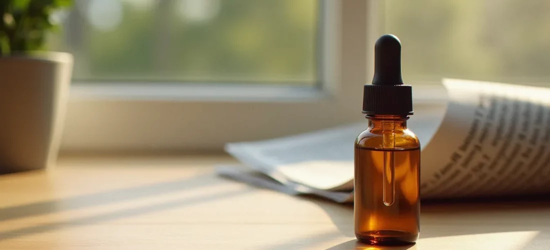 Flacon d'huile de CBD posé sur une table en bois clair, évoquant le débat sur le CBD interdit en France