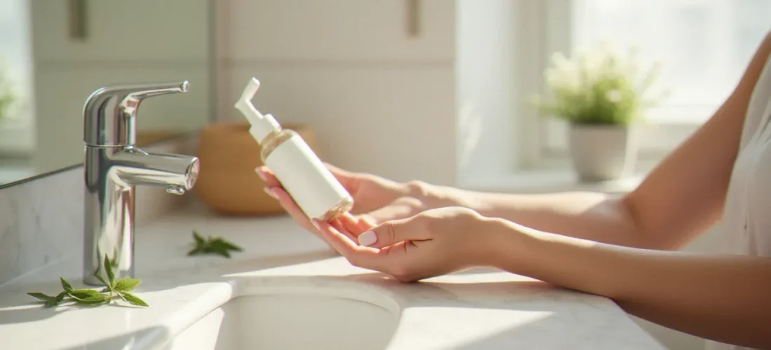 Main appliquant une cbd lotion blanche issue d'un flacon en verre sur un avant-bras, lumière naturelle douce sur fond de marbre blanc