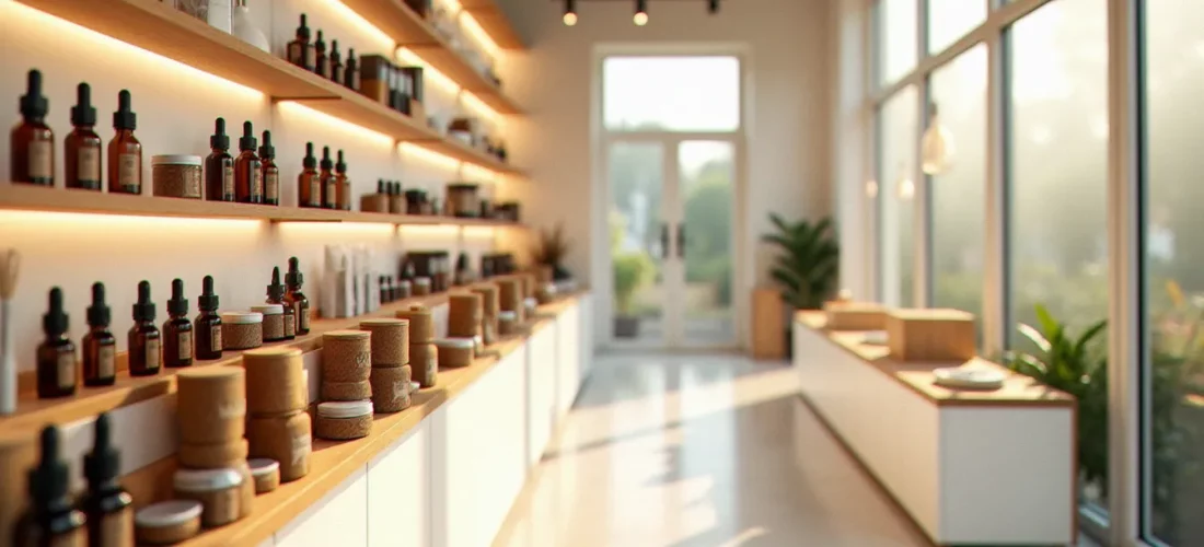 Intérieur d'un CBD mall moderne avec des rangées de produits cannabidiol bien éclairées, illustrant l'univers du cbd mall