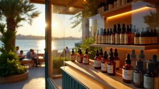 Devanture d'une boutique CBD à Marseille avec des flacons d'huile de cannabidiol disposés en vitrine, lumière méditerranéenne naturelle