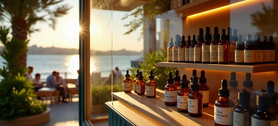 Devanture d'une boutique CBD à Marseille avec des flacons d'huile de cannabidiol disposés en vitrine, lumière méditerranéenne naturelle