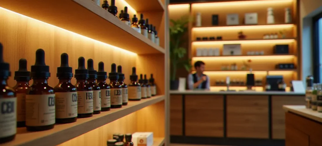 Intérieur d'une boutique CBD à Montpellier avec huiles et produits exposés sur des étagères en bois sous un éclairage chaleureux