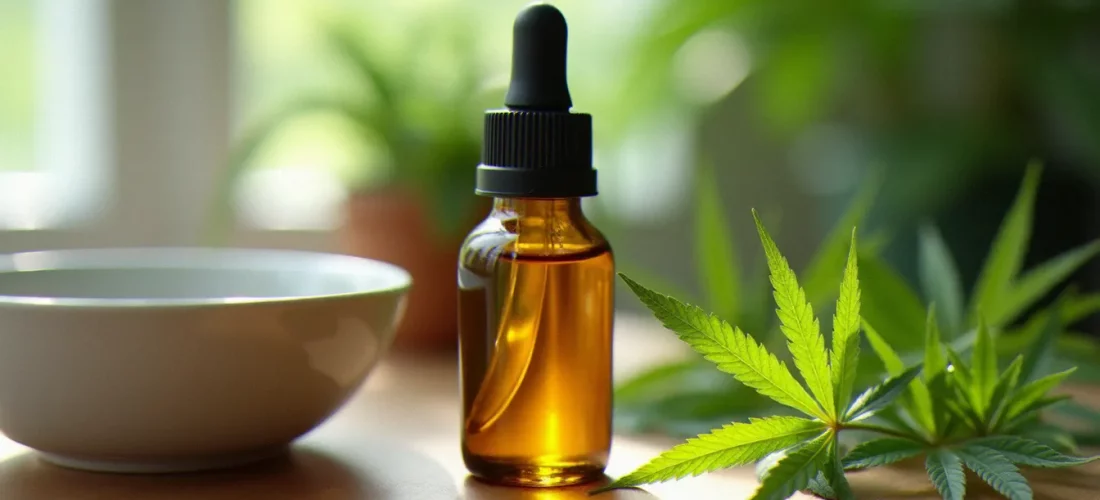 Flacon compte-gouttes d'huile de CBD dorée posé sur une surface en bois naturel avec des feuilles de chanvre vert, illustrant la cbd oil