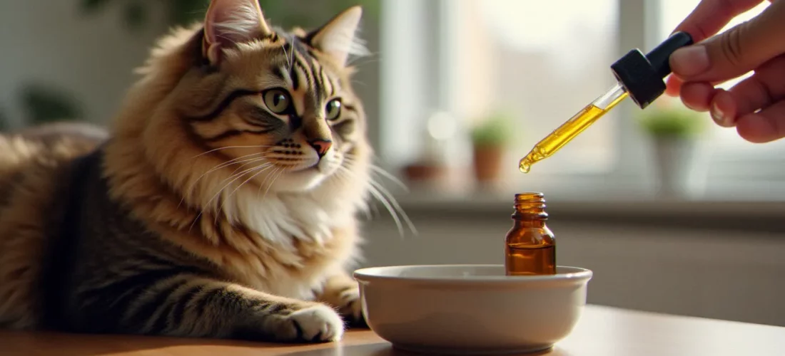Chat tabby recevant de l'huile CBD for cats dans sa gamelle, avec un flacon compte-gouttes ambré posé sur une table en bois