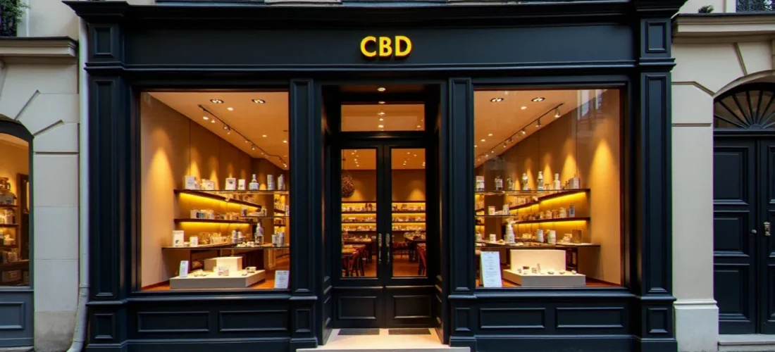 Façade d'une boutique CBD dans le 7e arrondissement de Paris, vitrine moderne intégrée dans un immeuble haussmannien, illustrant le concept de cbd paris 7 weed land