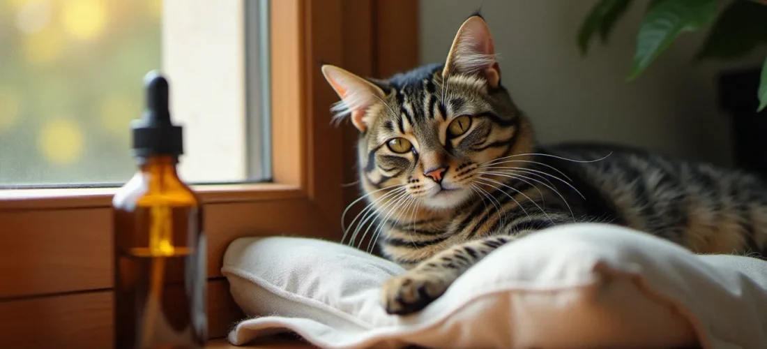 Un chat tigré allongé sur un coussin près d'une fenêtre ensoleillée, à côté d'un flacon compte-gouttes d'huile CBD pour chat