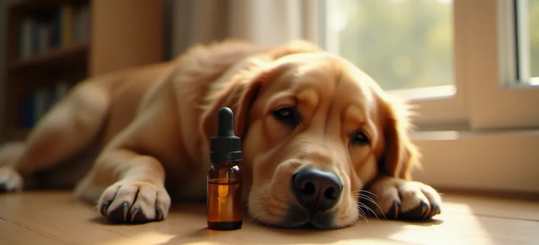 Un golden retriever détendu allongé à côté d'un flacon d'huile de CBD pour chien, illustrant l'utilisation apaisante du CBD pour chien dans un cadre domestique