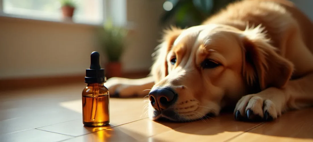 Chien golden retriever allongé à côté d'une bouteille d'huile de CBD pour chiens, illustrant l'usage du cbd pour chiens au quotidien