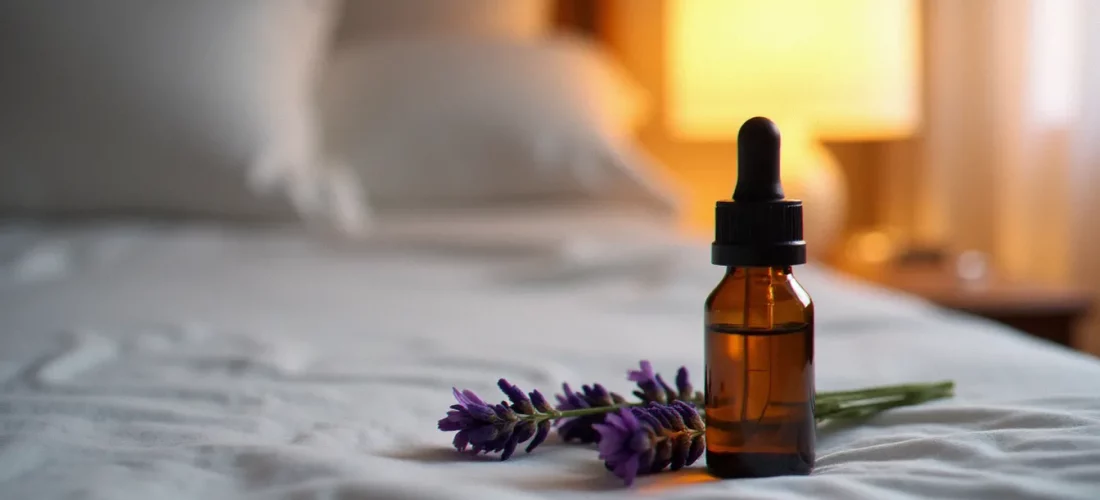 Flacon d'huile de CBD posé sur une table de nuit en bois clair, éclairage tamisé, évoquant l'utilisation du CBD pour dormir