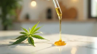 Goutte d'huile de CBD sur une surface en marbre, accompagnée de feuilles de chanvre, illustrant la question « CBD pourquoi en prendre »