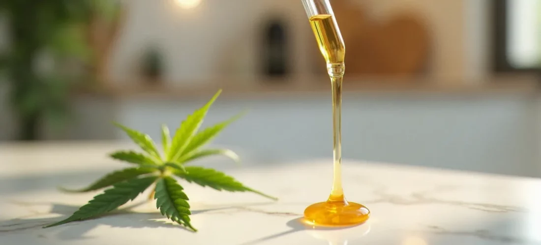 Goutte d'huile de CBD sur une surface en marbre, accompagnée de feuilles de chanvre, illustrant la question « CBD pourquoi en prendre »
