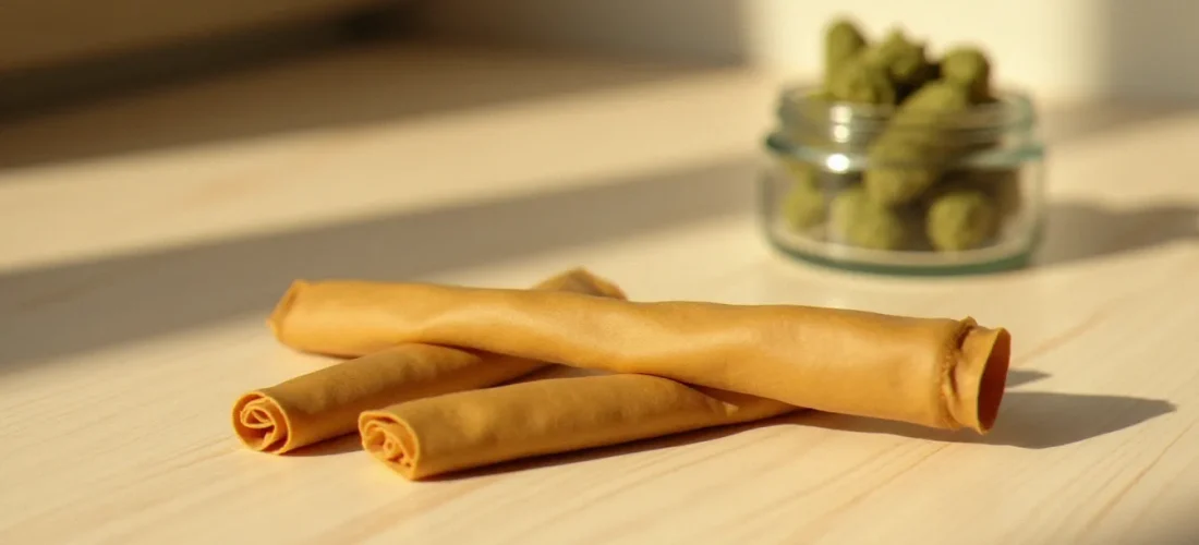 CBD pre roll posé sur une surface en bois clair à côté d'un bocal en verre contenant des fleurs de chanvre CBD, éclairage naturel doux et ambiance apaisante