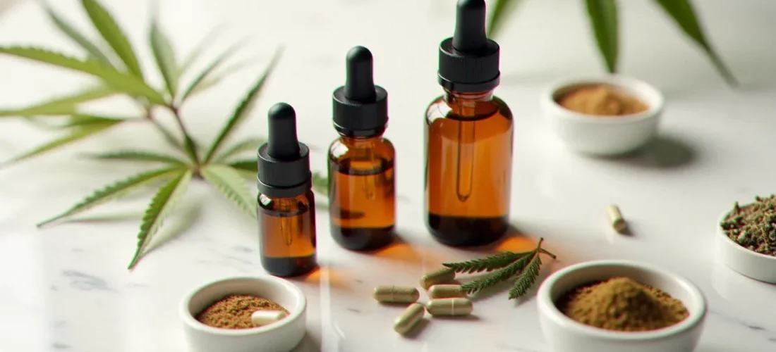 Assortiment de CBD provisions composé de flacons d'huile de CBD, gélules et infusions à base de chanvre disposés sur marbre blanc