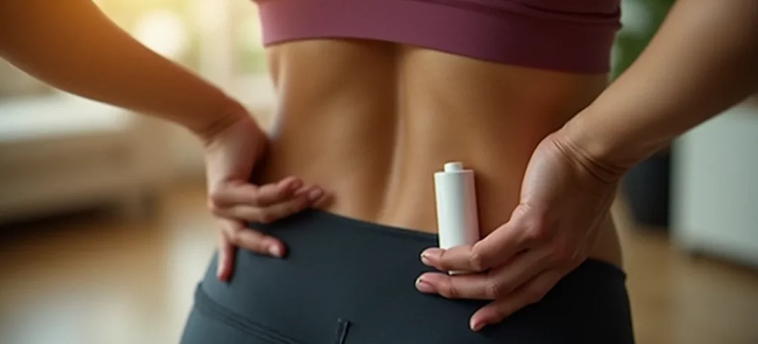 Application d'un CBD roll on sur le bas du dos par une femme sportive, illustrant l'utilisation ciblée du cannabidiol en format topique