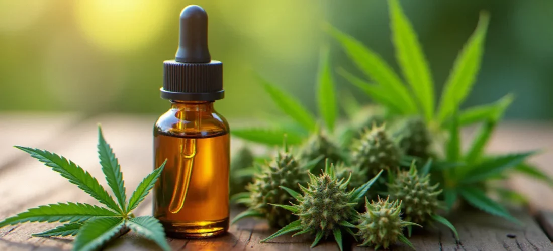 Fleurs de CBD et huile sublinguale posées sur une surface en bois, illustrant les produits CBD disponibles à Rouen