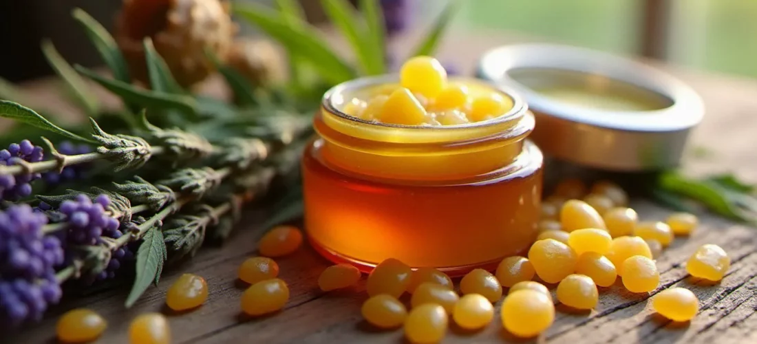 Pot de cbd salve en verre ambré ouvert, posé sur du bois naturel entouré de cire d'abeille et de feuilles de chanvre séchées