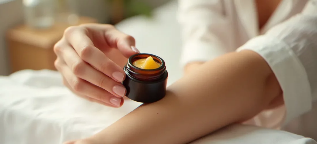 Application d'un cbd salve ambré sur l'avant-bras, pot en verre sombre, lumière naturelle