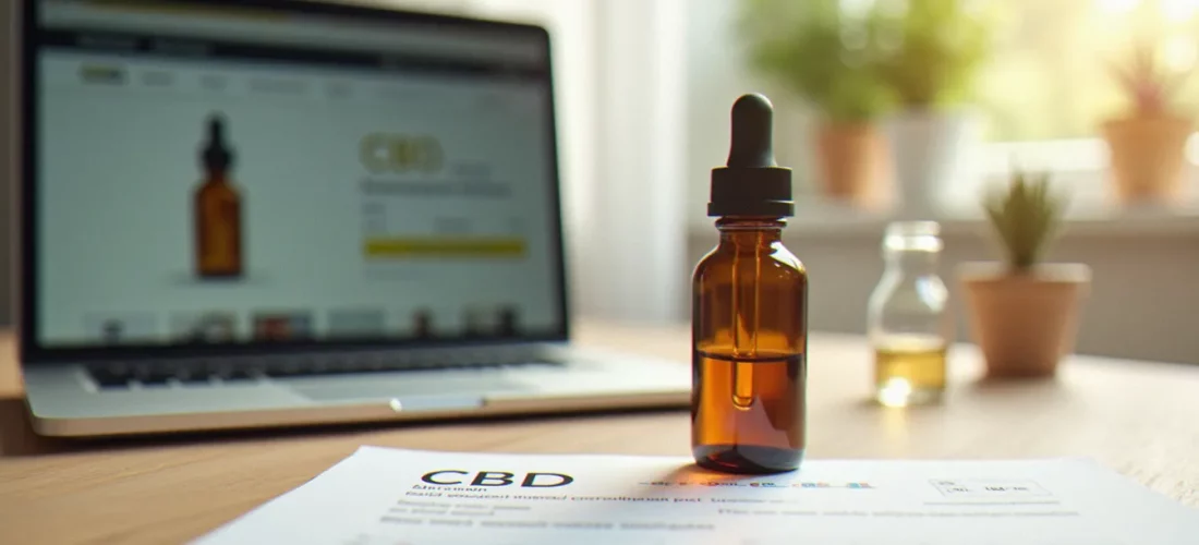 Flacon d'huile de CBD sans THC posé à côté d'un analyse chromatographique et d'un ordinateur portable affichant une fiche produit en ligne, pour l'achat en ligne